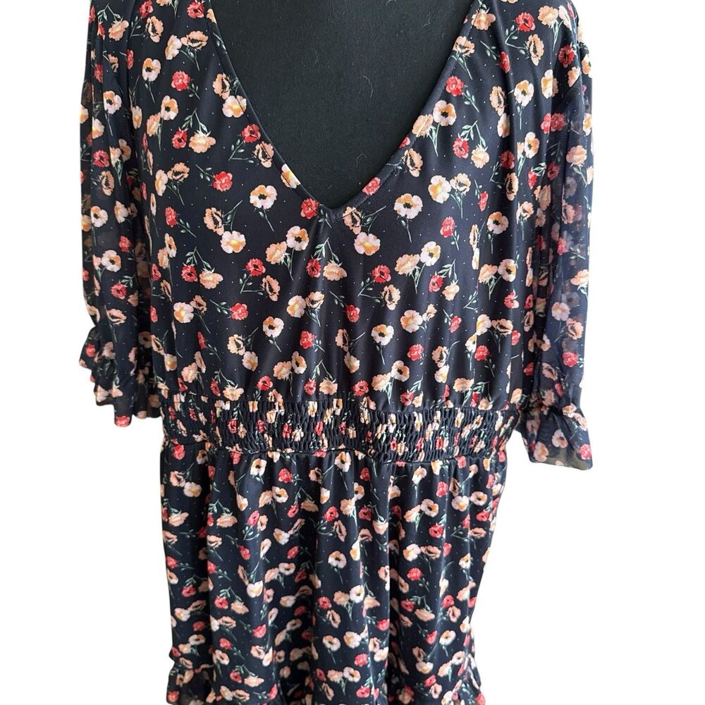 Suzanne Betro Midi Dress 2XL Black Floral Flowers‎ 3/4 Balloon Sleeve Plus - Picture 3 of 8